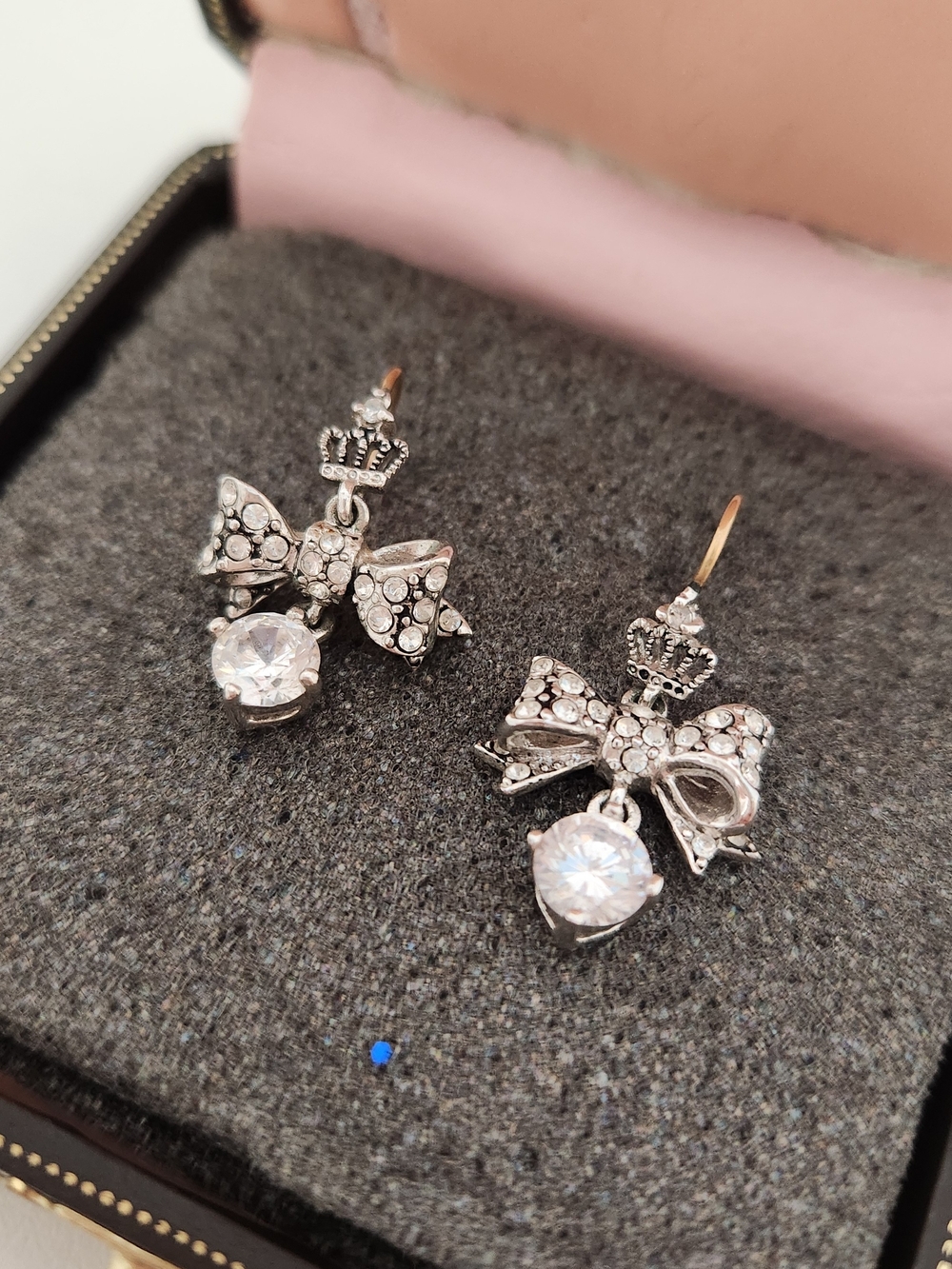 Juicy Couture Silver Bow & Crown Drop Earrings with Clear Stones